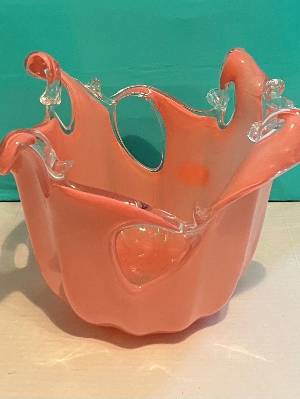 Murano Coral Pink Italian Art Glass Splash Wave Bowl